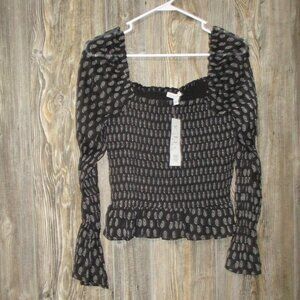 Patrons of Peace Top Womens Medium Cropped Black Print Smocked Bell Slv Boho